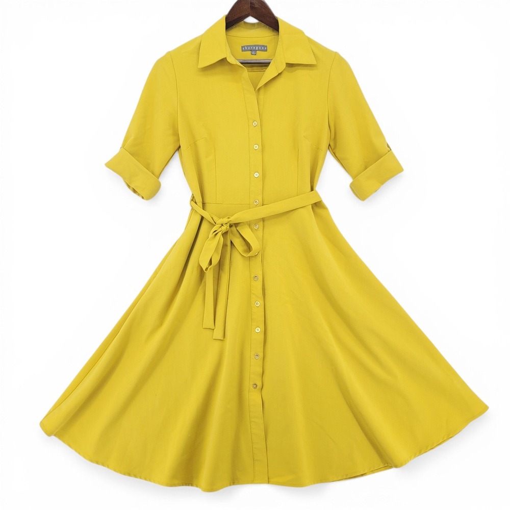 Sharagano Yellow Shirt Dress Size 8 Belted Midi Fit Flare Career Cottagecore